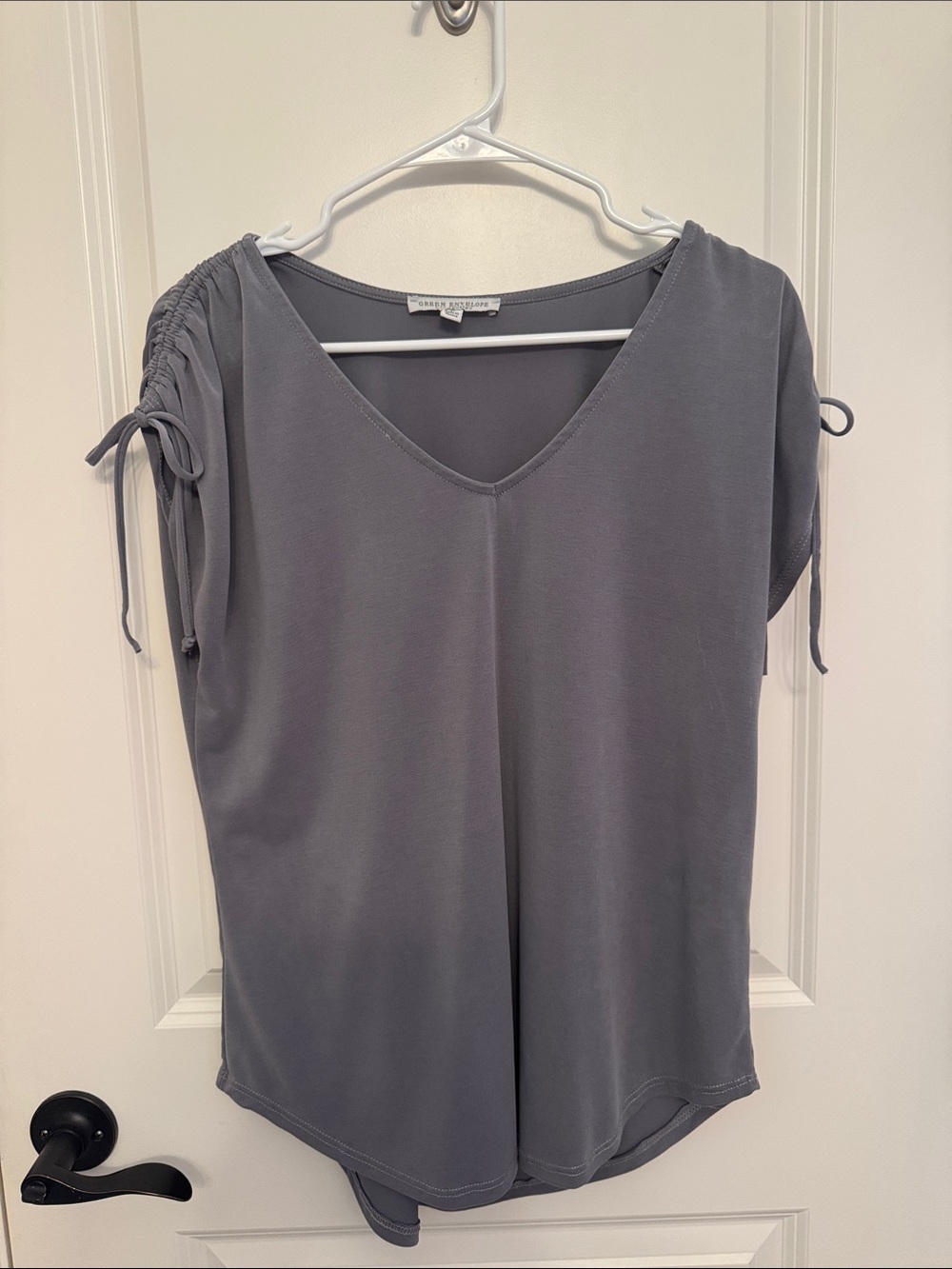 Green Envelope Grey V-Neck Short Sleeve Top with Tie Shoulders